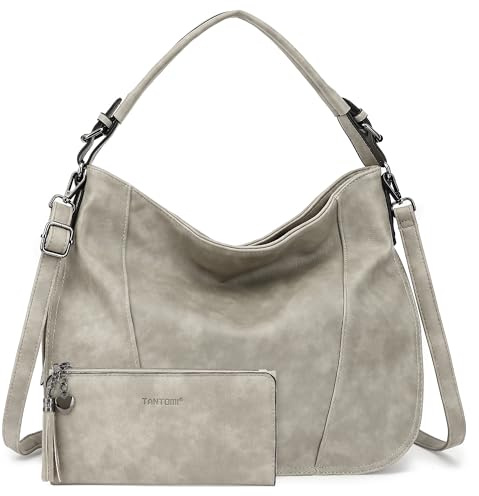 TANTOMI Handtasche Damen, Umhängetasche Henkeltasche Tasche Shopper, Crossbody Tote Bag Schultertasche Mit Reißverschluss Geldbörse - 2 Set, Grau