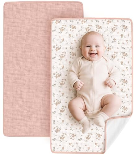Konssy 2 Pack Waterproof Muslin Cotton Portable Changing Pad 30x 17, Soft & Foldable Baby Changing Mat Travel Pad with Terry Backing, Shower Gift for Newborn Girls Boys (Pink,Blossom)