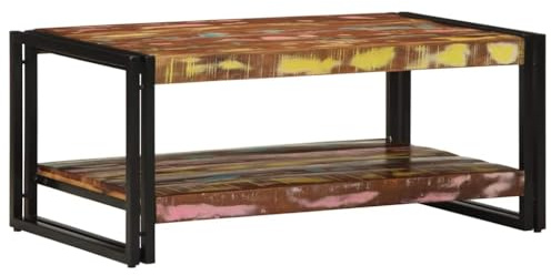 WEMYUFURN Massiver Altholz Kaffeetisch aus recyceltem Teak und Mangoholz mit Eisen Gestell, Stabiler Beistelltisch für Wohnzimmer und Schlafzimmer