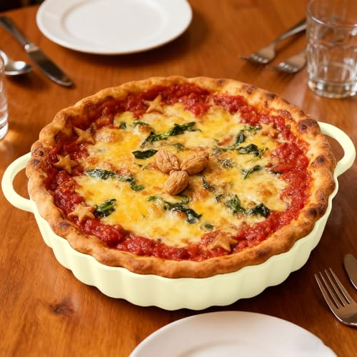 Chingcoo Keramik Tarteform rund mit Doppelgriffen, 26 cm Quicheform, Auflaufform rund für Pie, Tarte, Kuchen – Antihaftbeschichtet, Ofenfest, Mikrowellengeeignet, Spülmaschinenfest (Beige-Gelb)