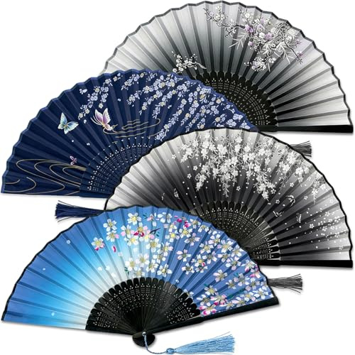 Faltbare Handfächer Stoff,Evance 4 Stück Klein Faltfächer Bambus mit Quaste|Chinesische Fächer Asiatische|Japanischer Fächer |Wandfächer|Fecher Damen Sommer für Hitzewallun,Hochzeit,EDM,Party,Geschenk