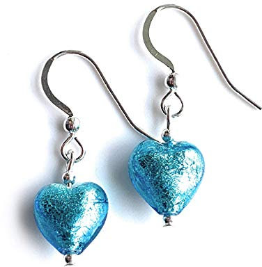 Diana Ingram earrings with turquoise (blue) Murano glass mini heart drops on Sterling Silver or 22 Carat gold vermeil hooks