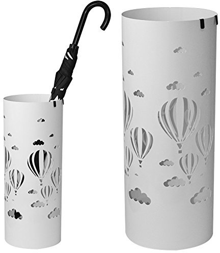 BAKAJI Portaombrelli Stand in Ferro Design Forma Tonda con Vaschetta Salvagoccia e Ganci porta ombrelli, Altezza 49 cm x Diametro 19,5 cm (Bianco, Mongolfiera)