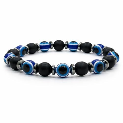 Perlin Onyx Armband Herren Damen 8 mm Naturstein Perlenarmband Schwarz mit Hämatit und Nazar Boncuk Evil Eye Armband Elastisch 19 cm Schmuck Unisex