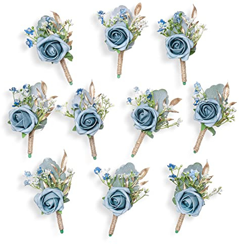 YSUCAU Rose Boutonnieres for Men Wedding Groom and Groomsmen Boutonniere for Rustic Fall Vintage Wedding Prom, Dusty Blue,Set of 10