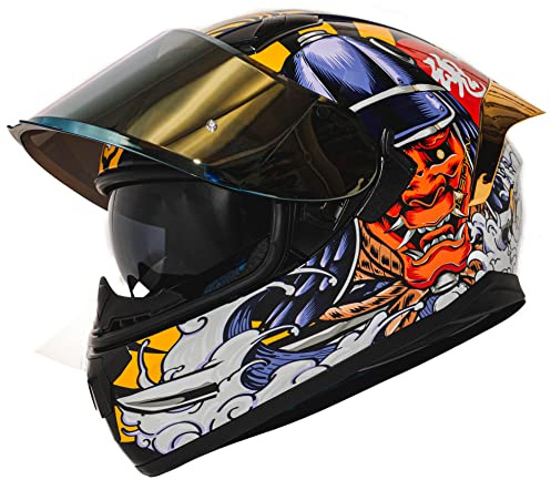 HAX Obsidian Full Face Dual Visor Adult Motorcycle Helmet for Motorbike Street Bike with Pinlock Ready DOT Approved Samurai Gold M
