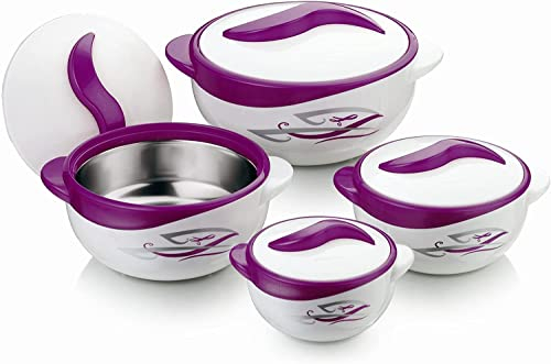 4pc Round Heat Insulated Food Storage Hot Pot Food Warmer/Cooler with Lid–Thermal Soup/Salad Serving Bowl- Stainless Steel Hot Food Container Best Gift Set Holidays Pinnacle Parisa (Print Purple)