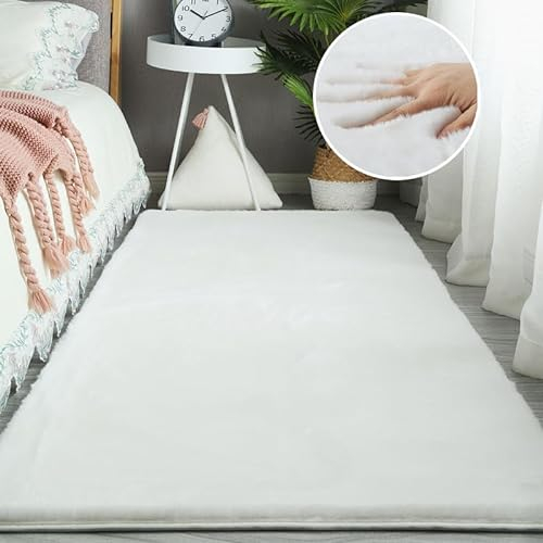 Ceneco Ultraweicher Teppich aus Kunstkaninchenfell, Nachttischteppich, rutschfeste Teppiche für Wohnzimmer, Schlafzimmer, Kinderzimmer(Light Weiß-1,60x90cm)