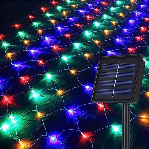 DINOWIN Solar LED Lichternetz Außen 1.5 x 2M 120 LED Lichterkette Netzlicht Mesh Lichtervorhang 8 Modi Baum Lichterkette für Party Garten Balkon Hochzeit Geburstag Weihnachten (Vielfarbig)