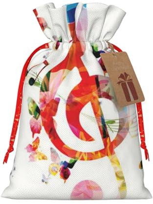Weihnachts-Geschenktüten mit Musik-Schmetterling-Aufdruck – wiederverwendbar, umweltfreundlich, Jute, Kordelzug Geschenkbeutel, S