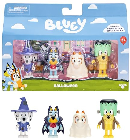 Bluey Pack de 4 Figuras, Halloween, Figuras articuladas de 6,3 cm, Bingo, Chloe y Lucky con Disfraces de Halloween, con Accesorios
