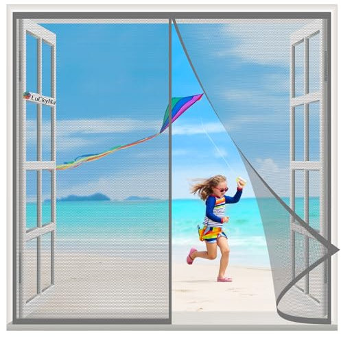 Fliegengitter Tür Magnet Insektenschutz Tür 165x110cm Grau Polyester Lamellenvorhang-mit Klettband Klettverschluss Klemmleiste Fliegenvorhang -Kinderleichte Klebemontage