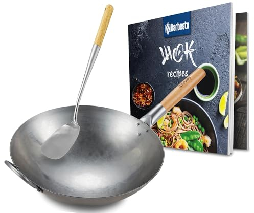 CLP Set wok in acciaio al carbonio I Base piatta o rotonda per gas, induzione e grill I Padella wok con manico in legno, ricettario e pala wok, Forma:rotondo