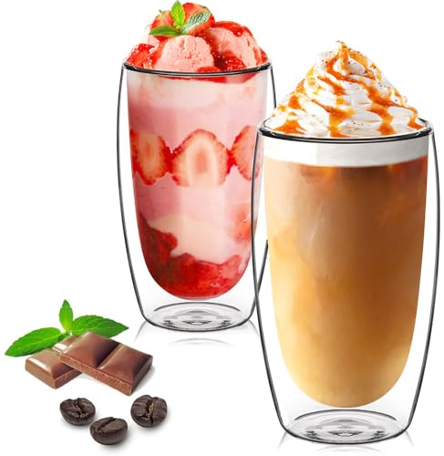 TKNO 2 Pack 450ml Double Walled Tall Coffee Glasses Mugs Cups, for Coffee Tea Milk Juice Ice Cream Dessert, Borosilicate Heat Resistant Large Glass Cups, Microwave Safe, Ideal for Hot and Cold Drinks