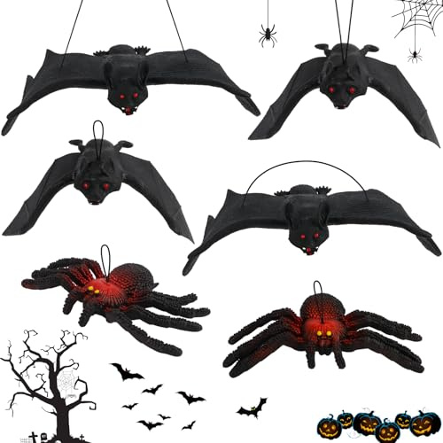 MplehDa Halloween Chauve Souris Suspendues, 4 Chauves Souris Réalistes et 2 Araignées, Décoration Intérieure Effrayante en Caoutchouc Noir