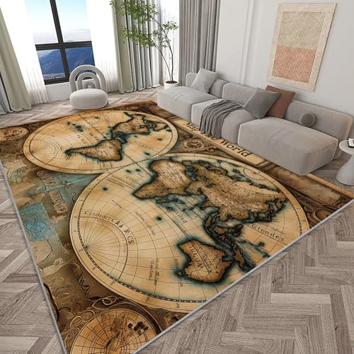 Rutschfester Verwittert Bedruckter Teppich 120 x 170 cm, Retro Weltkarte Streifen Waschbarer Teppich Wohnzimmer Schlafzimmer Flur Esszimmer - Antibakteriell Antirutschunterlage Küchenteppich