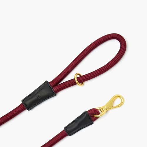5ft Long Heavy Duty Rope Dog Lead – Strong Braided Leash for Large Dogs, Soft & Durable with Gold Metal Clip & Leather-Trimmed Handle (Red)