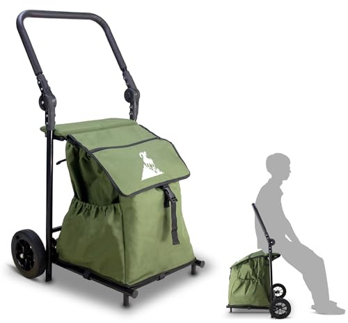TOPWELL Shoppingvagn, vikbar upp till 50 kg shoppingvagn 120 l shoppingvagn handvagn för shopping eller transport av varor, kan användas som säte. Grön