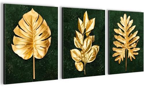 Novart Wandbilder Set Goldene Blätter - KOMPLETT AUFHÄNGFERTIG - Wohnzimmer Schlafzimmer Flur Deko - 3 Moderne Bilder Schwarz Gold - N033235b