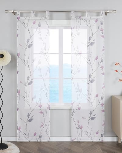 ESLIR Schiebegardinen Set 2er Flächenvorhänge Schlaufenschals Gardinen mit Schlaufen Schiebevorhang Transparent Vorhang mit Blätterdruckmuster Landhaus Violettn BxH 57x245 cm 2 Stück