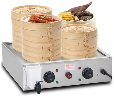 Máquina eléctrica para hacer bollos al vaporera con cuatro orificios, vaporera comercial de acero inoxidable con temperatura de 30 a 110 ℃, calentador de alimentos de 4000 W, evita quemaduras en seco