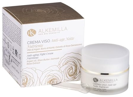 ALKEMILLA - Crema Viso Anti-Age Notte Nutriente con Olio di Argan, Burro di Karitè e Rosa Damascena