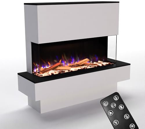 GLOW FIRE Kaminofen PR19 mit realistischem 3D E-Motion LED-Feuer - Stand-Elektrokamin mit Heizung und Kaminfeuer, Knistereffekt & Timer, max. 1500 W, 111,9x136,6x50cm, Weiß/schwarz