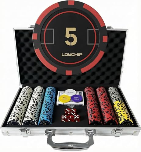 LOYCHIP 300 Piece Poker Set 11.5g Numbered Chips with Aluminum Case 2 Decks Cards Dealer Blind Buttons 5 Dice for Texas Holdem Blackjack Casino Gaming