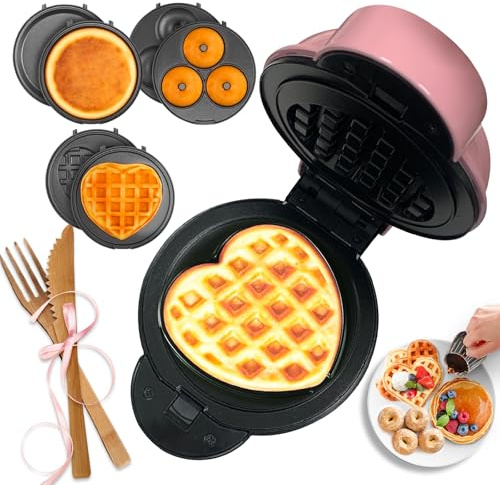 Mini Waffle Maker with 6 Removable Plates,Small Heart Waffle Maker Keto,3-in-1 Multi-plate set,Wafflera Iron for Kids Family&Individuals,4'' Non Stick Cooking Plates with Fast & Even Heating