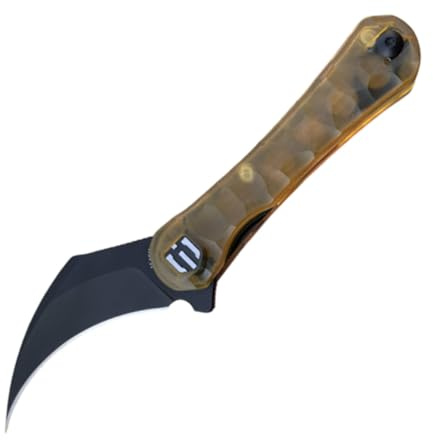 SHIELDON Scythe 2.55 Titanium Coating 154CM Steel Hawkbill Point Blade with Amber PEI Handle and Reversible Wire Clip