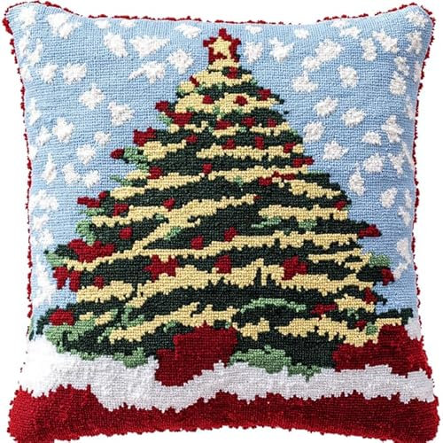 AxiangziK Weihnachten DIY knüpfen set erwachsene knüpfkissen,Weihnachtsbaum,Knüpfhaken-Kissen-Set,bedruckte Leinwand für Anfänger,Stickerei,Bastelkissen,17x17in