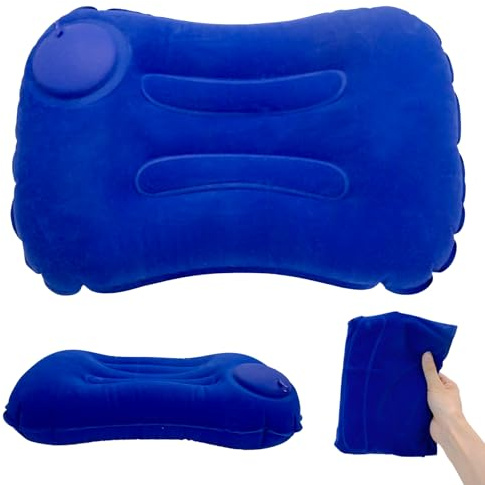 Mudoulu Inflatable Pillow for Travel, Ergonomic Self-Inflating Cushion with Press Pump, Lightweight Flocking Air Pillow for Camping, Office, Plane, Blue