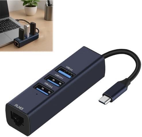 Huybaa Adaptateur USB-C vers Ethernet Gigabit (RJ45) + 1 Port USB 3.0 + 2 Ports USB 2.0-4 en 1 en Aluminium pour MacBook, iPad, Chromebook, Surface, Samsung, Pixel, appareils USB-C - Plug & Play