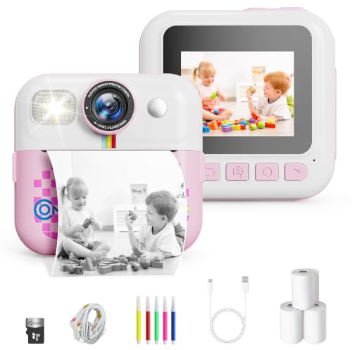 Contixo Cámara de impresión instantánea para niños, pantalla rosa de 2.4 pulgadas, cámaras de impresión digital para niños con video 1080P, zoom de 16X, almacenamiento de 32 GB, juguetes de viaje
