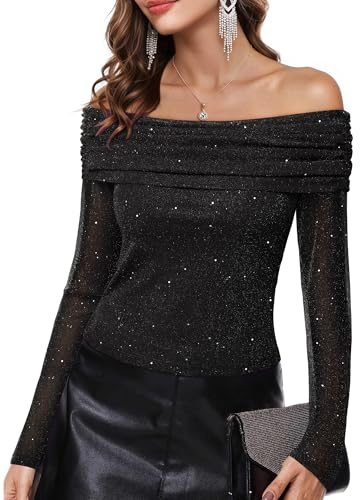 VAFOLY Women's Off The Shoulder Tops Long Sleeve Sexy Slimming Sequin Sheer Mesh Ruched Blouse, Black, L