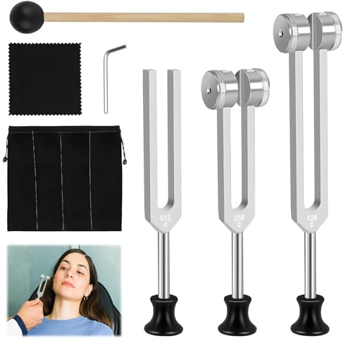 Stämgaffel set-128 Hz, 256 Hz, 512 Hz, stämgaffel terapi med hammare, stämgaffel aluminiumlegering för frekvensterapi, stämgaffelterapi, yoga och meditation