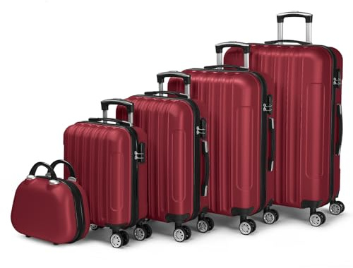 LALAHO Kofferset Koffer Set 5 teilig mit Kosmetikkoffer (Burgunderrot) | Handgepäck koffer aus ABS, Reisekoffer mit Rollen, Hartschalenkoffer mit Schminkkoffer
