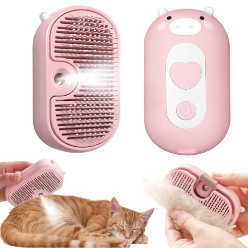 KUKUPOW Cepillo de Vapor Gatos y Perros, Rosa Recargable Cepillo Quitapelos Autolimpiable Peine Vaporizador Para Mascotas Para Eliminar El Pelo Suelto y La Suciedad