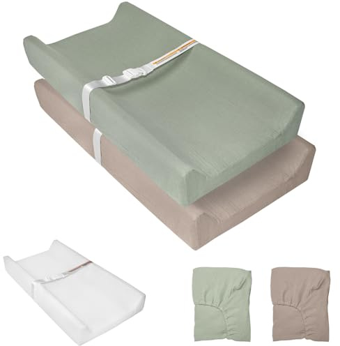 JVEOO Muslin Baby Changing Pad, 2 Pack Muslin Soft Cotton Covers & Waterproof Lining Foam Diaper Changing Table Pad 32 x 16.6 Mat for Dressers & Table