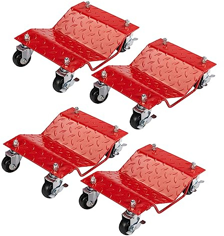 Karl home 4PCS Car Wheel Dolly, 2722 KG Capacity Heavy Duty Vehicle Mover with Lockable Casters & Handle, Tire Skates for Moving Cars, Trucks, Motorcycles in Garage Auto Repair, Red