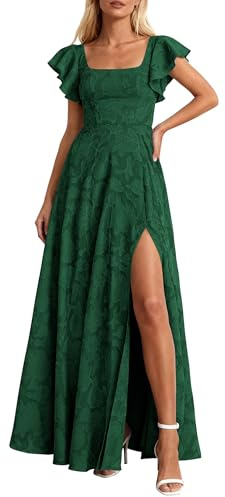 KIRUNDO Cocktail Dresses for Women Elegant Wedding Guest Summer Formal Maxi Lace Floral Slit Prom Party Bridesmaid Dress (Dark Green, Small)