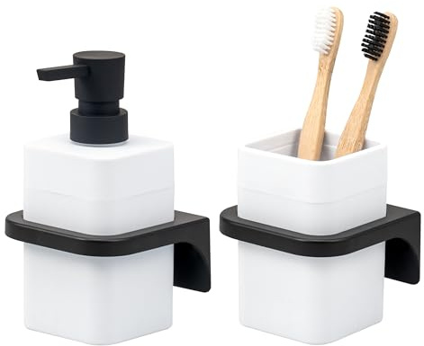 bremermann Savona Set de 2 accessoires de salle de bain avec surface douce au toucher et support mural, 1 distributeur de savon et 1 gobelet en plastique (blanc)