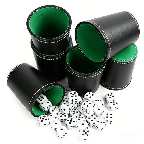 KEUGT Schocken Set,6 STK Würfelbecher Leder mit 36 Spielwürfel | Knobelbecher,Würfelbechern Schockbesteck SchockenSet,Würfelbechern, Würfel Kit,Knobelbecher, für Bar Puzzles Schwarz