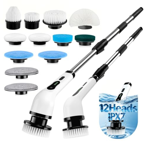 Electric Spin Scrubber, Cordless Cleaning Brush Scrubber with 12 Replaceable Brush Heads, 360 Power Scrubber Dual Speed with Adjustable & Detachable Handle for Bathroom Kitchen Car (White)