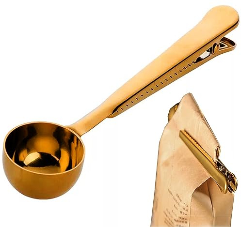 MINGZE Kaffeedosierlöffel Mit Klammer Aus Edelstahl, Kaffee Schaufel Kaffeemaß Kaffeelöffel Prämien Edelstahl Schaufeln Und Tee Schaufel Mit Integriertem Beutel Klipp (Gold)