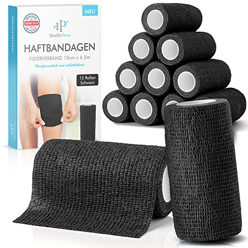 Health Press Selbstklebender Verband – 12 Bandagen Rollen (10cm x 4,5m) – Pflaster Rolle Verbandsmaterial – Elastische Bandage – Haftbandage selbstklebend (Schwarz, 12 Rollen)