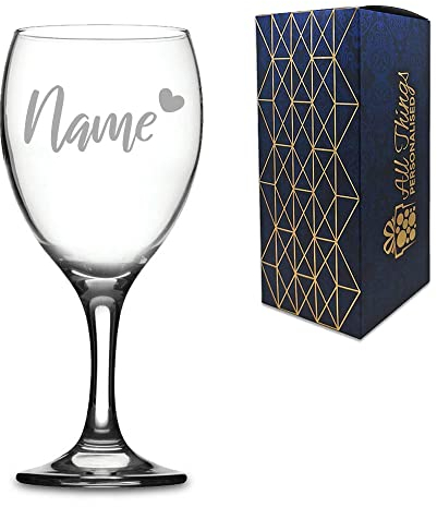 Personalised Engraved Wine Glass with Name and Heart Design, Gift Boxed, Personalise with Any Name