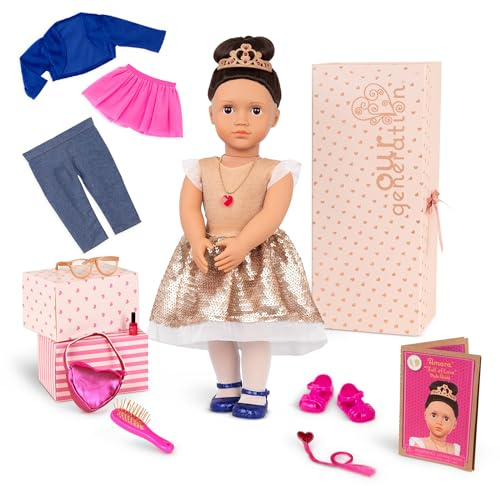 Our Generation 18-Inch Fashion Doll Amora, Sweetheart Gift Box, Dolls | Brown hair, hazel eyes, 3 outfits, 15 fashion pieces, heart-themed accessories, soft body, gift box, Amora, Dolls, 3+ Years