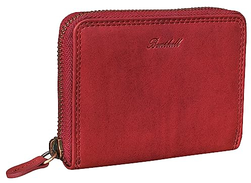 Benthill Geldbörse Damen Klein Echt Leder | Geldbeutel mit RFID Schutz | Flaches Slim Portemonnaie mit Reißverschluss & 6 Kartenfächer, Farbe:Rot