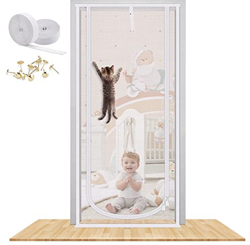 Reinforced Cat Screen Door, 38X83” Heavy Duty Pets Proof Screen Door with Bilateral Zipper, Prevent Dogs Cats Running Out from Home, Bedroom, Living Room, Kitchen Patio Door (White) | with Bilateral Zipper, Prevent Dogs Cats Running Out from Home, Bedroom, Living Room, Kitchen Patio Door (White)